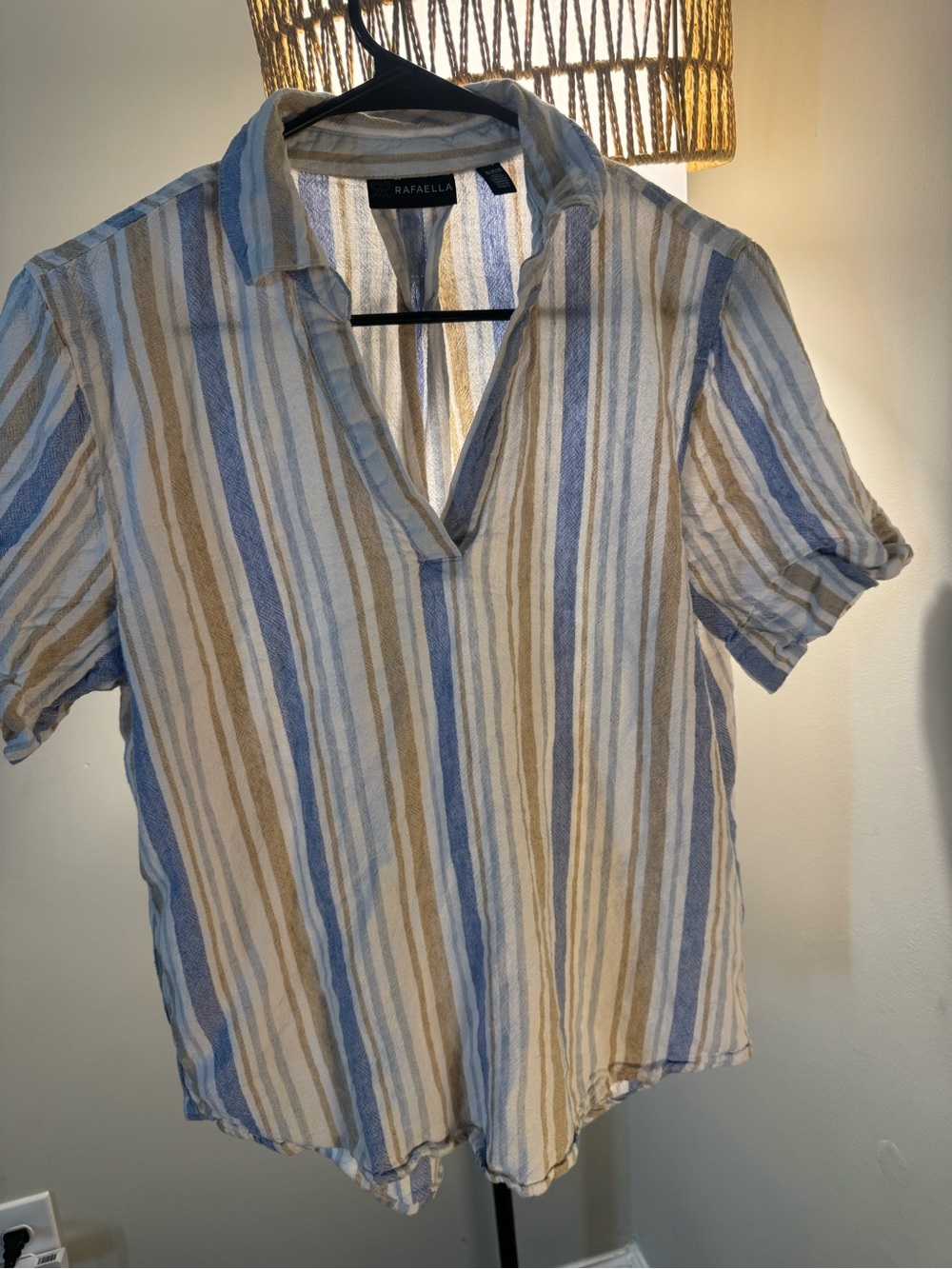Rafaella Striped Linen-Blend Shirt — Blue & Tan
